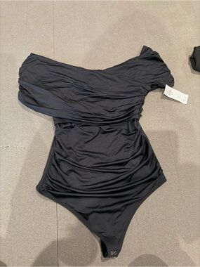 Abercrombie & Fitch Black One-Shoulder Ruched Bodysuit